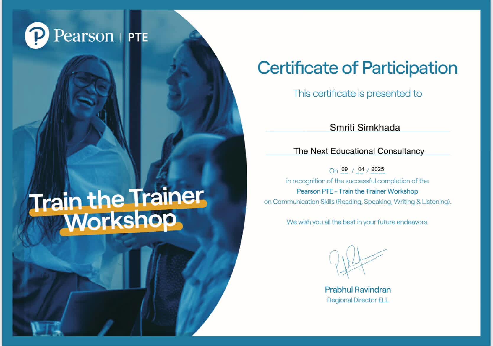Pearson PTE Train the Trainer Workshop Certificate of Participation, issued to Smriti Simkhada, April 2025